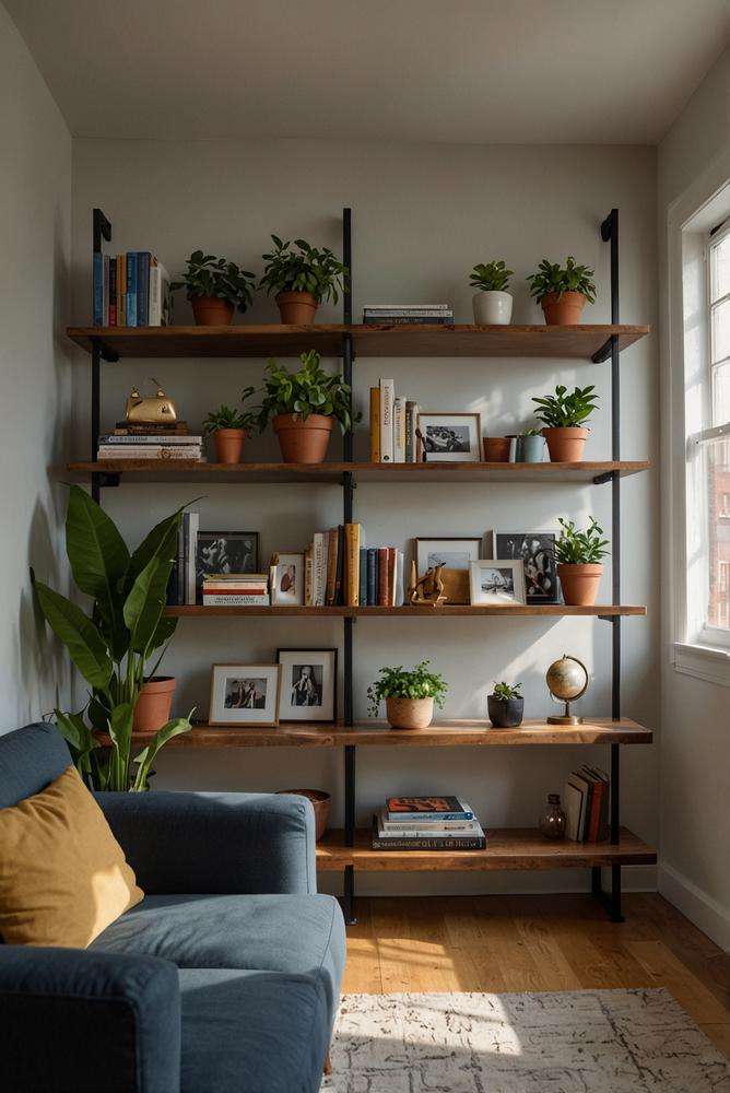 Heller Raum mit offenem Regal als Raumteiler