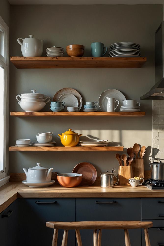 Offenes Küchenregal hell und einladend dekoriert