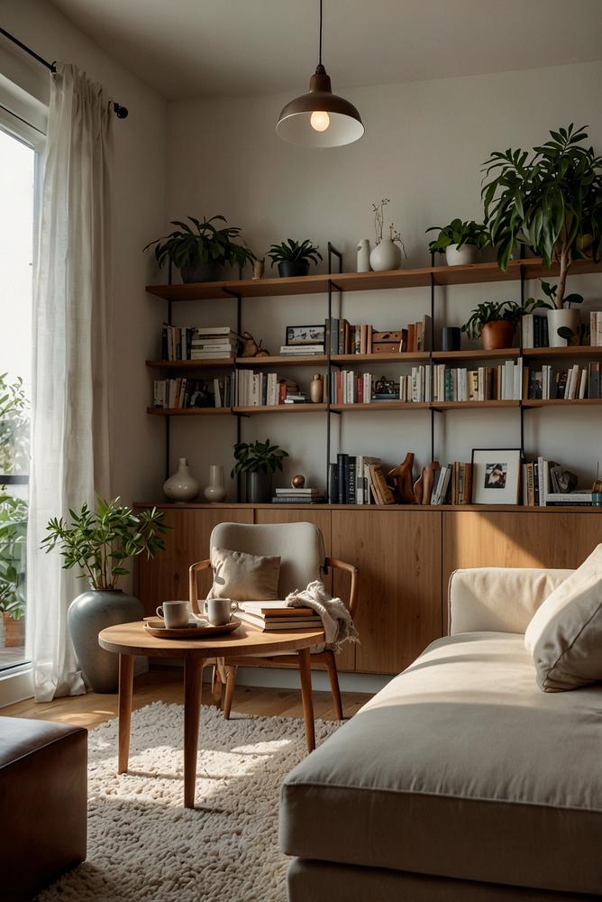 Modernes offenes Regal im Wohnzimmer hell und wohnlich