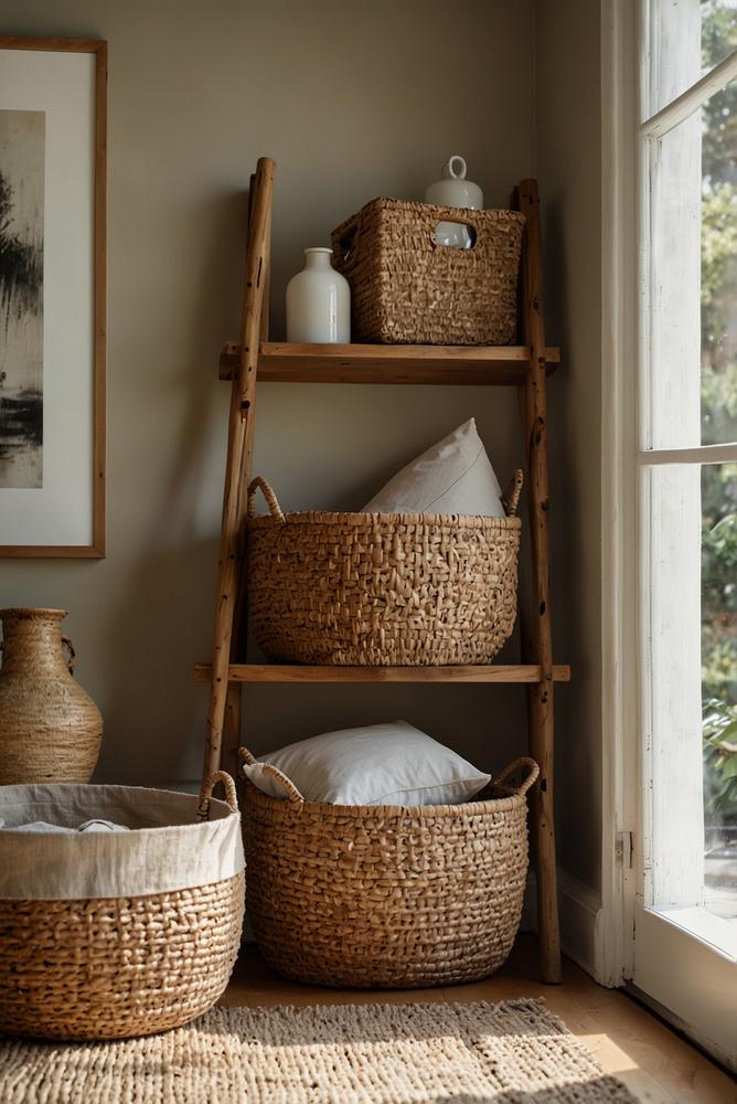 Helle Anordnung mit Körben und Boxen zur Aufbewahrung