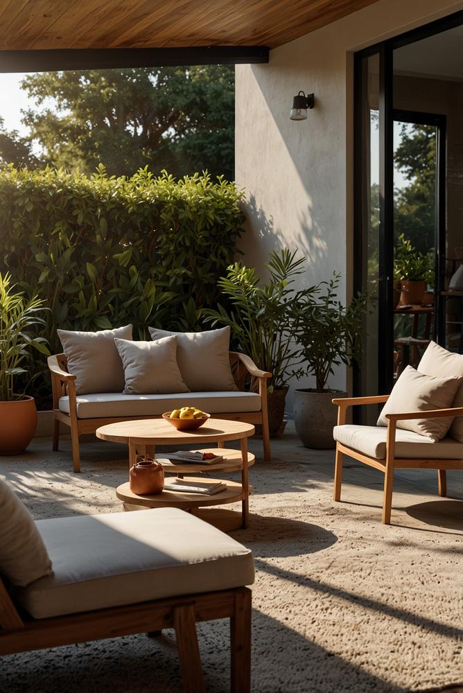 Heller und einladender Outdoor-Sitzplatz mit moderner Einrichtung