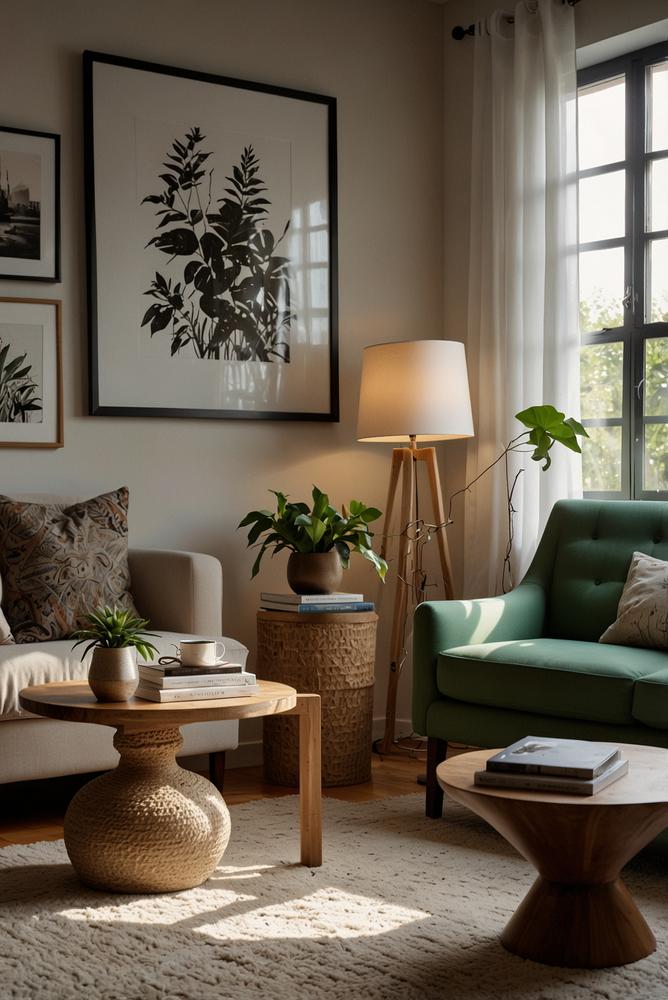 Helles Wohnzimmer mit persönlichen Accessoires und Pflanzen