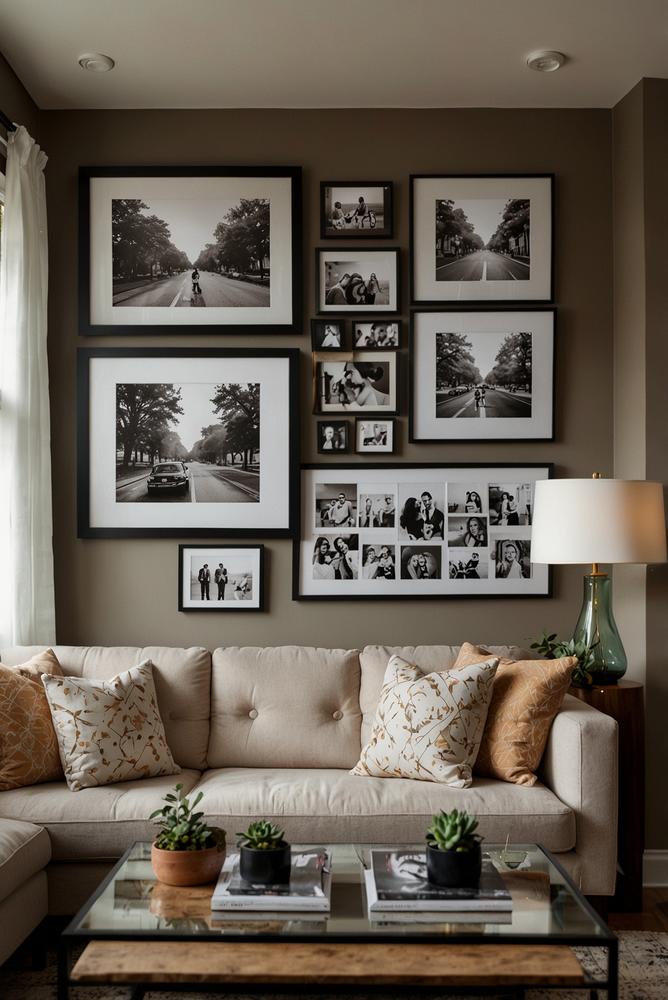 Helle persönliche Bilderwand mit Fotos und Souvenirs