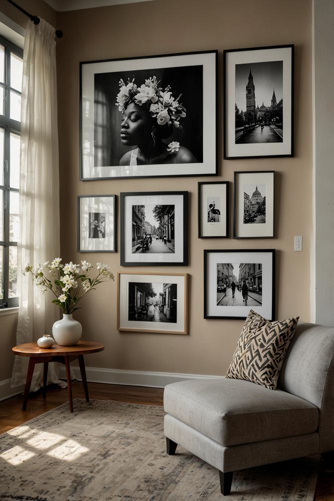 Helle stilvolle persönliche Galeriewand im Wohnzimmer