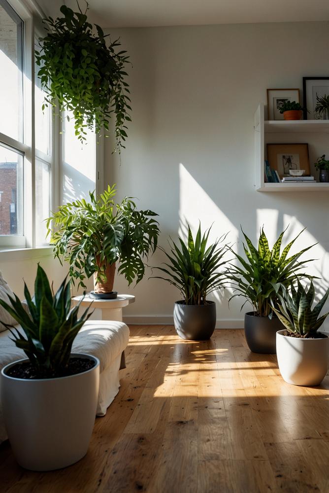 Helles Wohnzimmer mit grünen Zimmerpflanzen als Dekoration