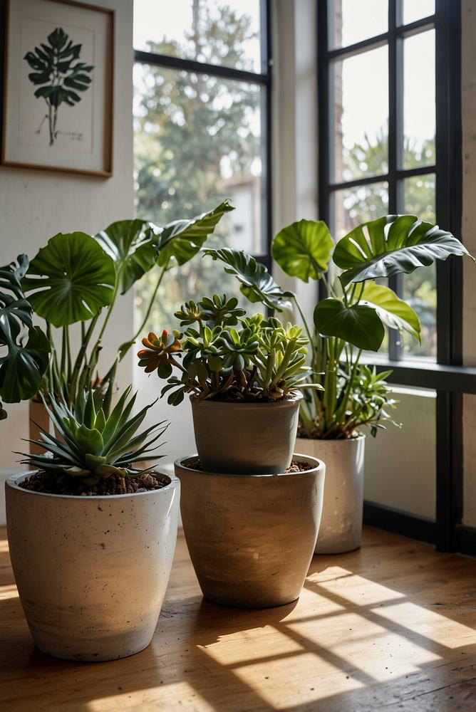 Helle, lichtdurchflutete Raumgestaltung mit Pflanzen-Deko