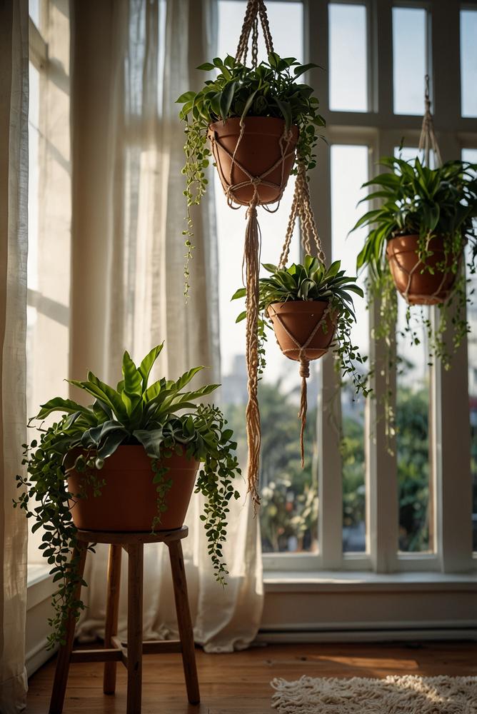 Helle Wohnung mit grünen Zimmerpflanzen und viel Sonnenlicht