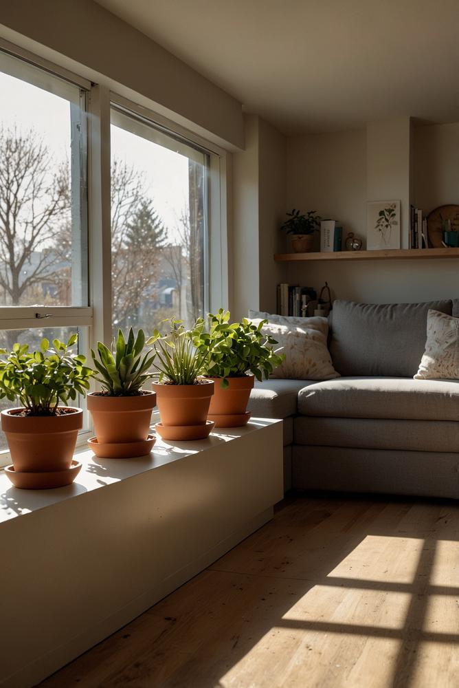 Helle freundliche Wohnung mit harmonisch platzierten Pflanzen
