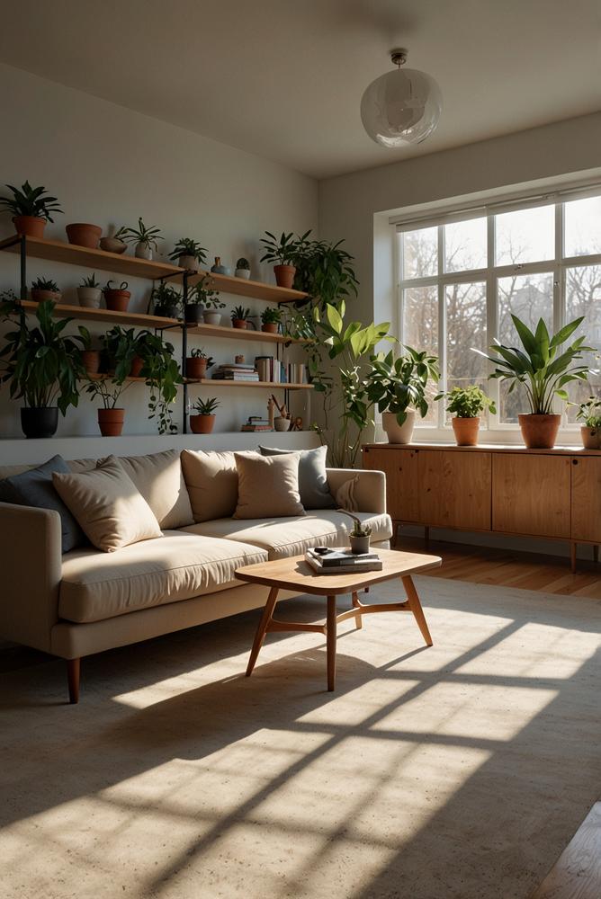 Heller, stilvoll eingerichteter Raum mit Pflanzen