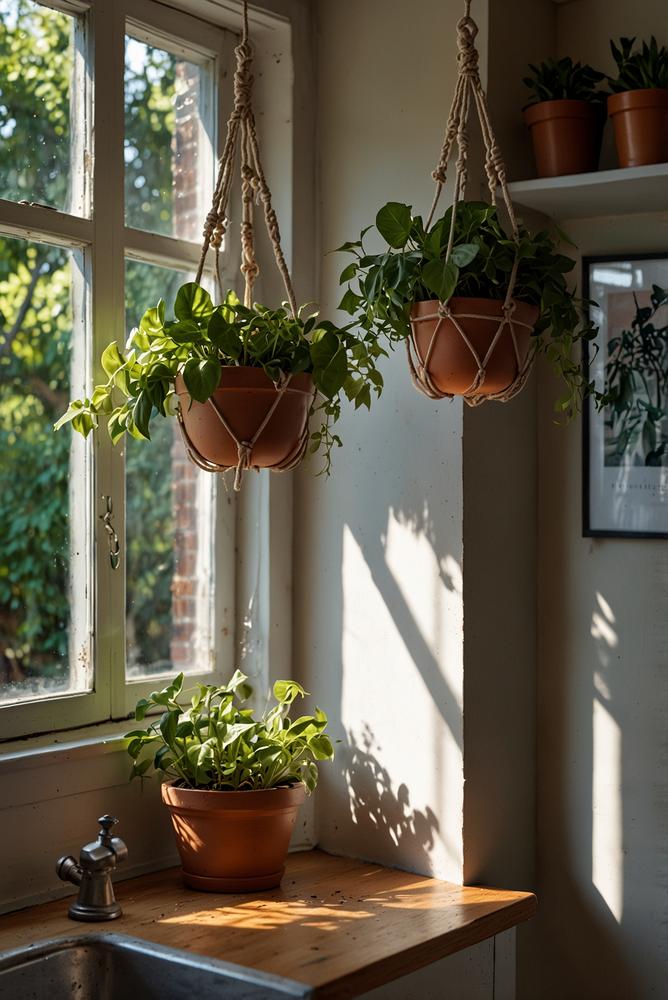 Pflanzenampeln mit Kräutern neben hellem Küchenfenster