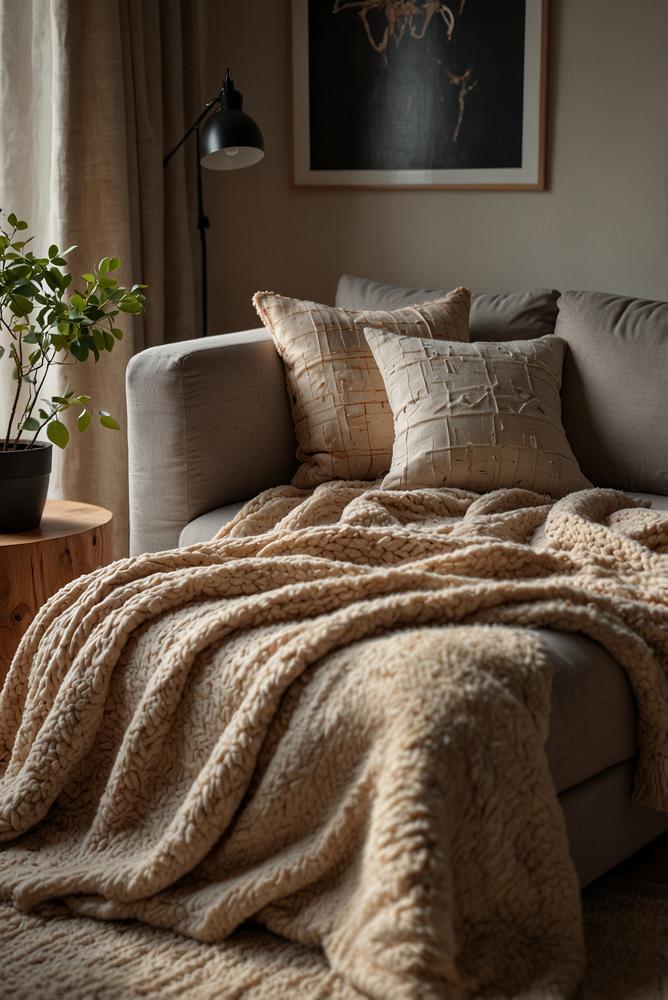 Lichtdurchflutete Plaid- und Decken-Ecke im Wohnzimmer