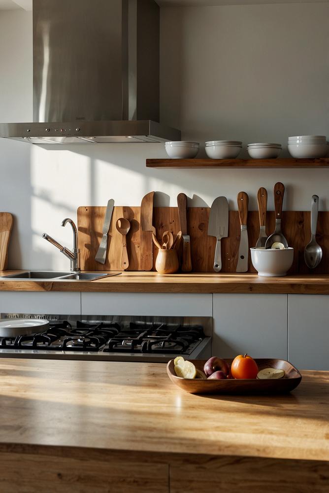 Helle Küche mit Magnetleiste für Messer und Utensilien
