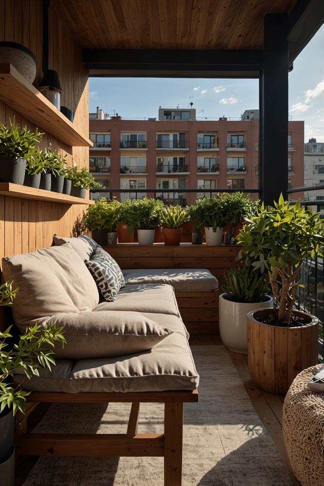 Heller Balkon mit multifunktionalen Stauraum-Moebeln