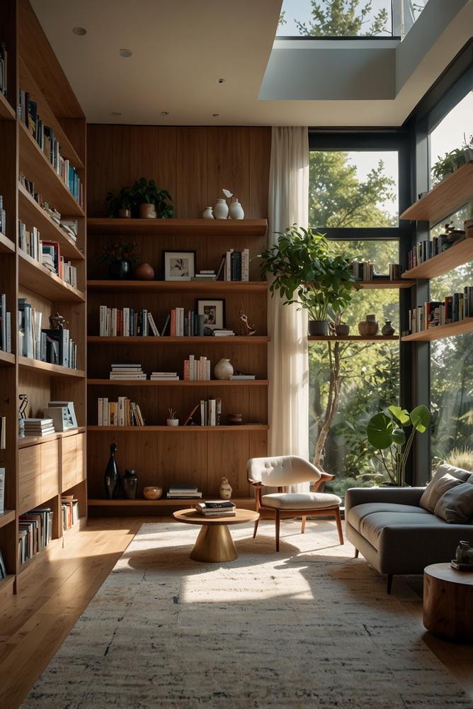 Helles Zimmer mit raumhohen Regalen und dekorativen Elementen