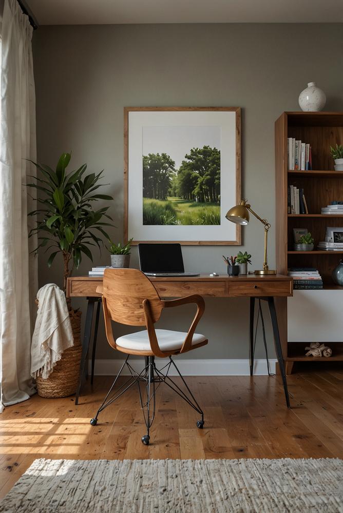 Minimalistisches helles Arbeitszimmer mit wenig Deko