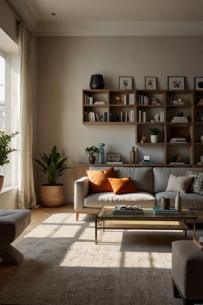 Helles Regal mit dekorierten Büchern und Objekten, lichtdurchflutet