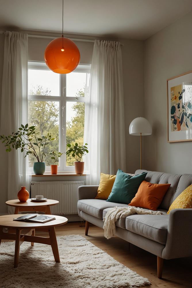 Helles Wohnzimmer mit Retro-Accessoires im skandinavischen Stil