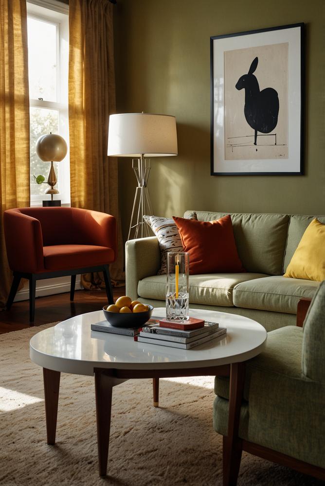 Helles Wohnzimmer mit Retrofarben und modernen Möbeln