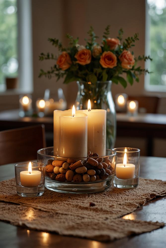 Romantische Tischdeko mit Teelichtern in Gläsern