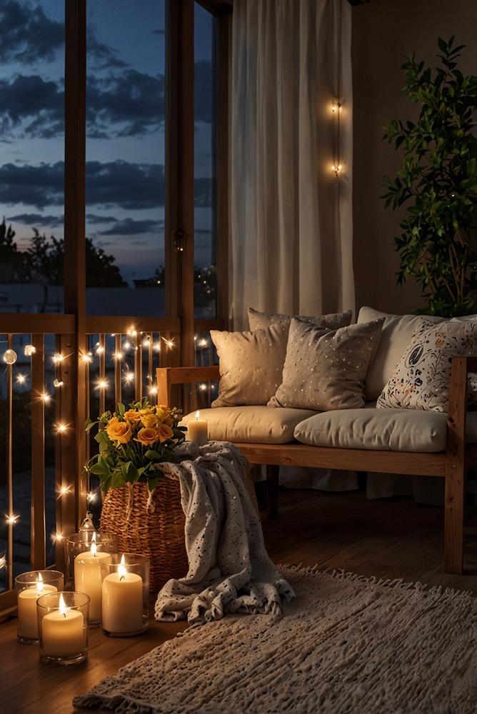 Romantischer Balkon mit Lichterketten und Kerzen