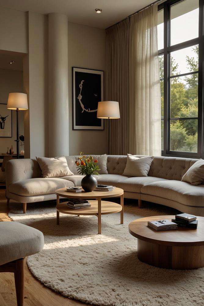 Helles Wohnzimmer mit runder Möbelanordnung, modern und gemütlich