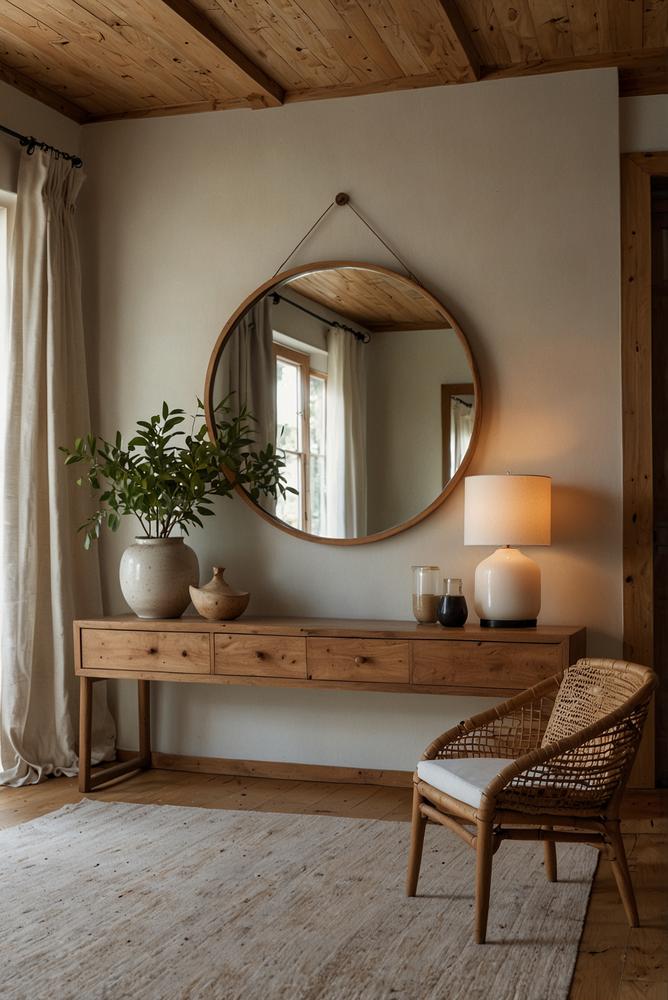 Runder Holz-Spiegelrahmen im hellen Eingangsbereich