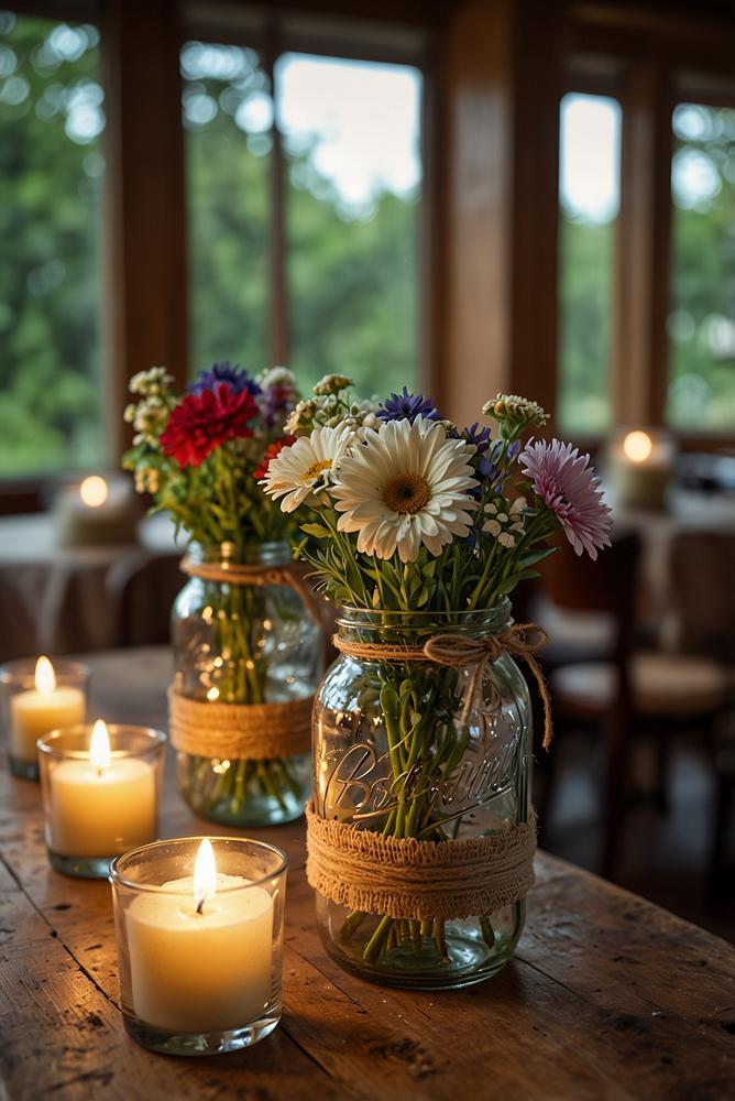 Rustikale Tischdeko mit Einmachgläsern und Blumen hell und freundlich