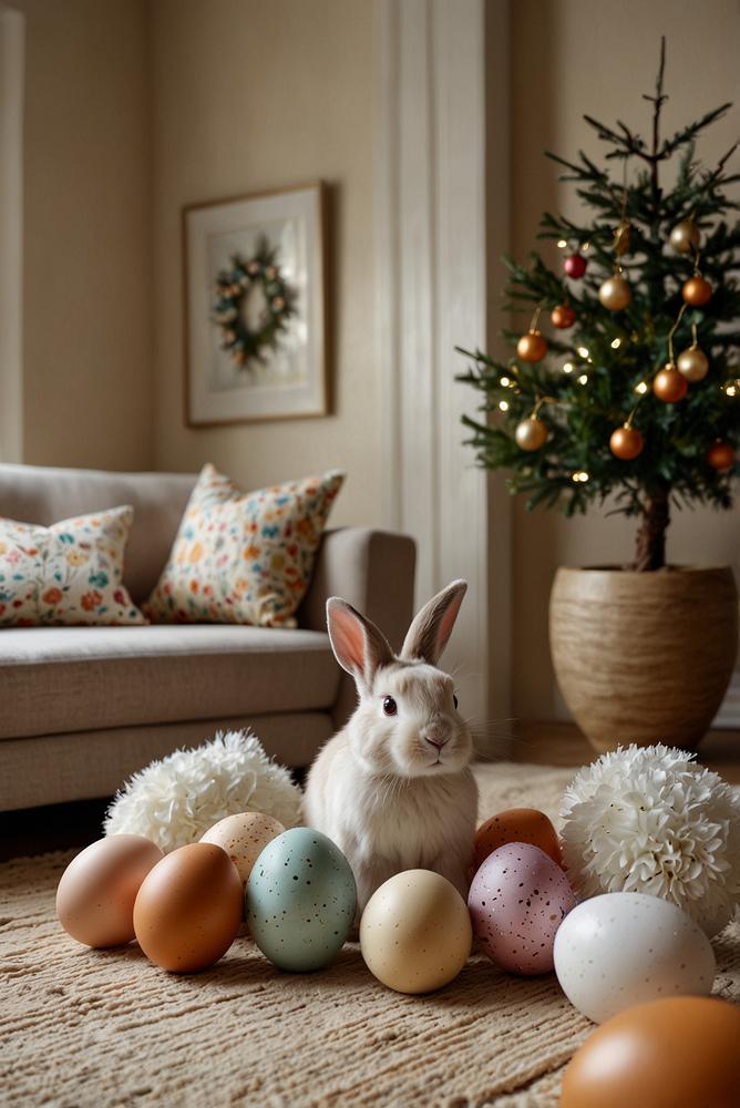 Heller Raum mit saisonaler Oster- und Weihnachtsdeko