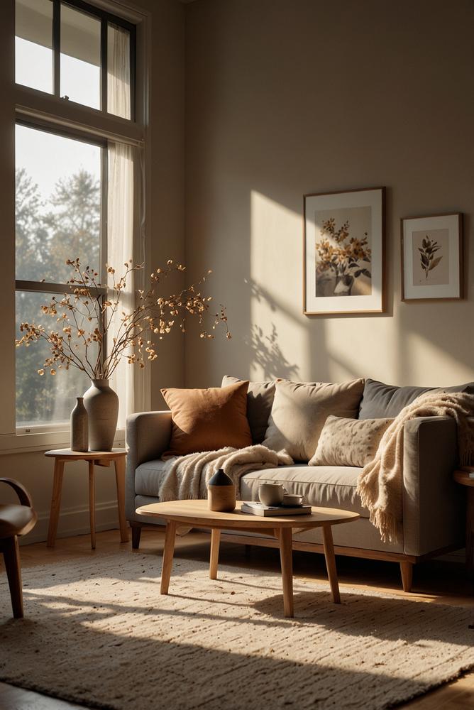 Heller Raum mit dezenten saisonalen Dekoelementen