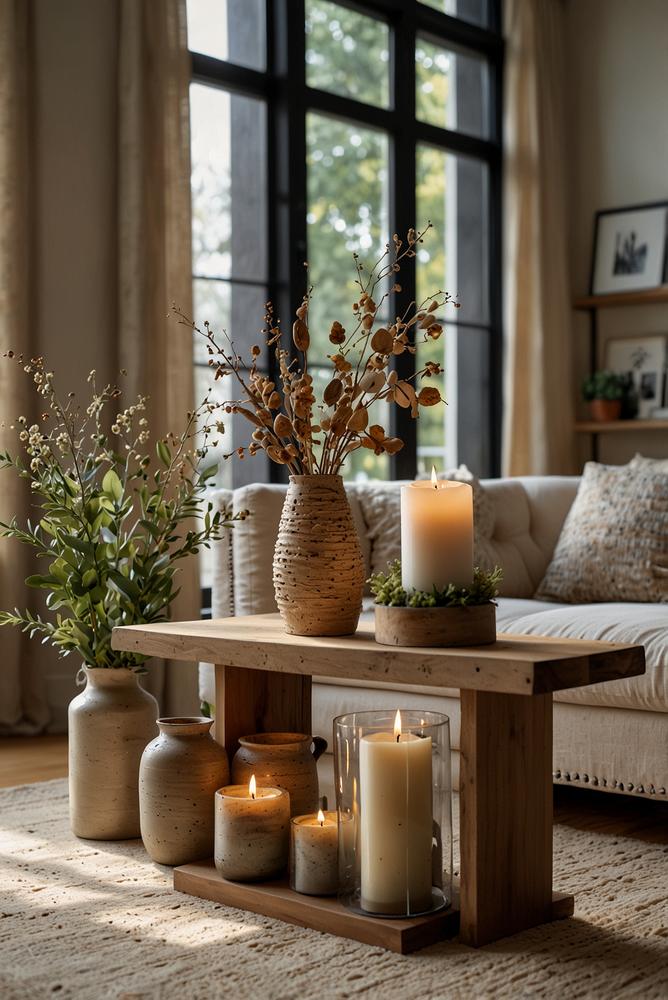 Helle saisonfreie festtagsdeko mit naturmaterialien und kerzen