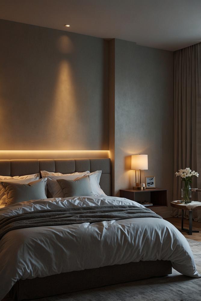 Hell beleuchtetes Schlafzimmer mit dimmbaren Lampen für Ruhe