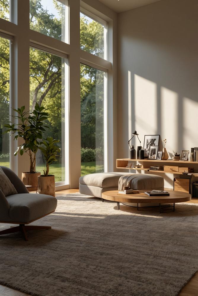 Helles modernes Schlafzimmer mit smarter Beleuchtung und Jalousien