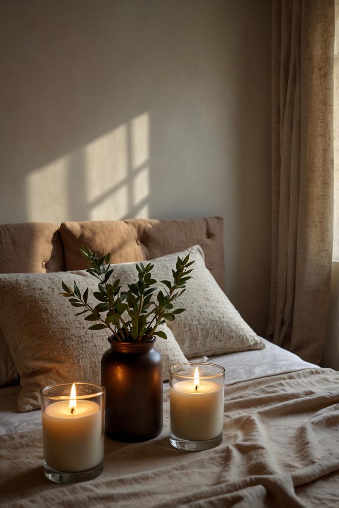 Helles Schlafzimmer mit Duftkerzen und Diffuser