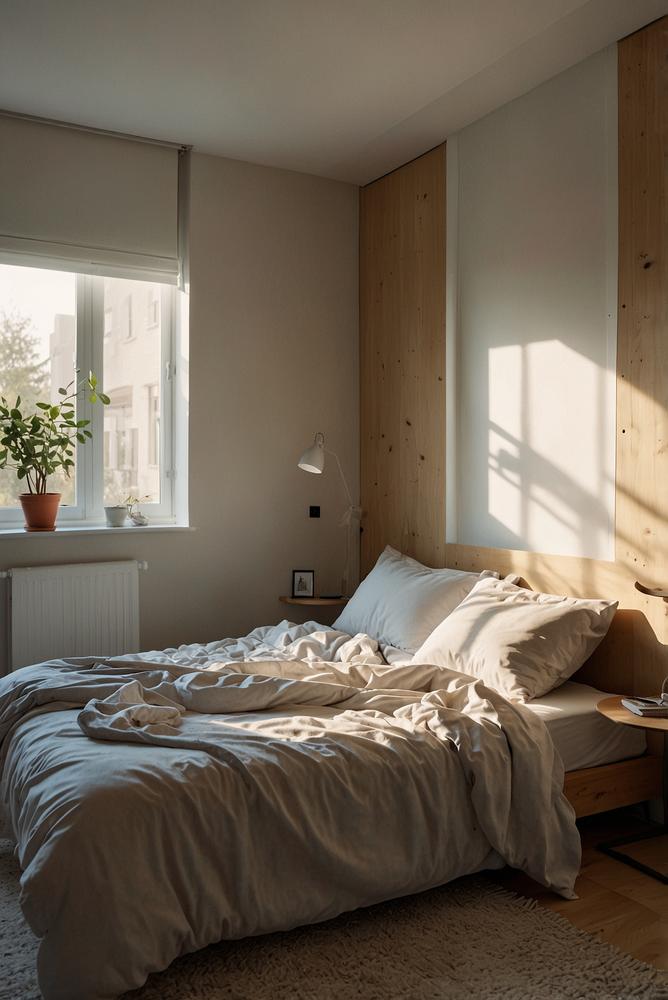 Schlankes Bett im kleinen, hellen Raum