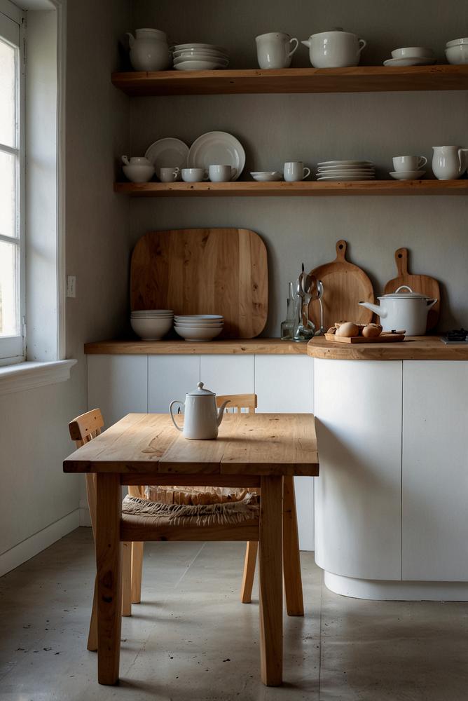 Helle minimalistische Küche mit schlichter Dekoration