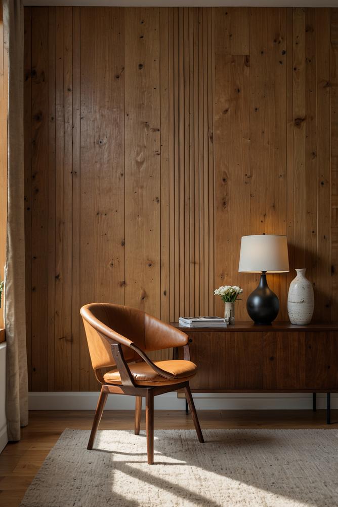 Schmale Holz-Wandverkleidung als natürlicher Akzent