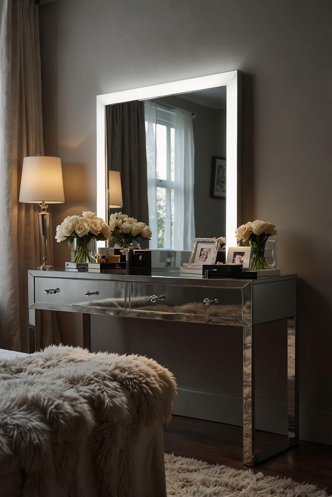 Beleuchteter Schminktisch mit Spiegel im hellen Schlafzimmer