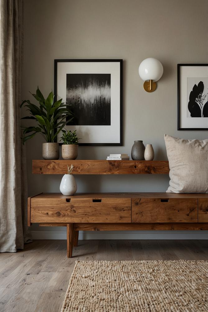 Helles Wohnzimmer mit schwebenden Holz-Regalen und Sofa