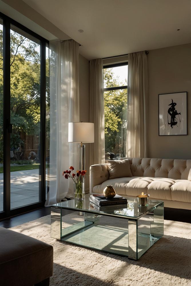 Schwebender Glastisch im Wohnzimmer, hell und lichtdurchflutet