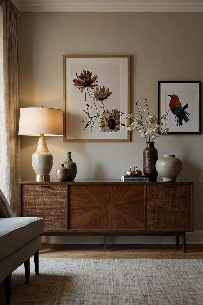 Hell beleuchtetes Sideboard mit Vasen, Körben und Bilderrahmen