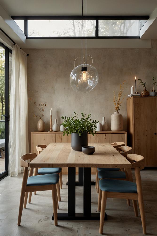 Heller Skandi-Esstisch mit minimalistischen Stühlen und Keramik