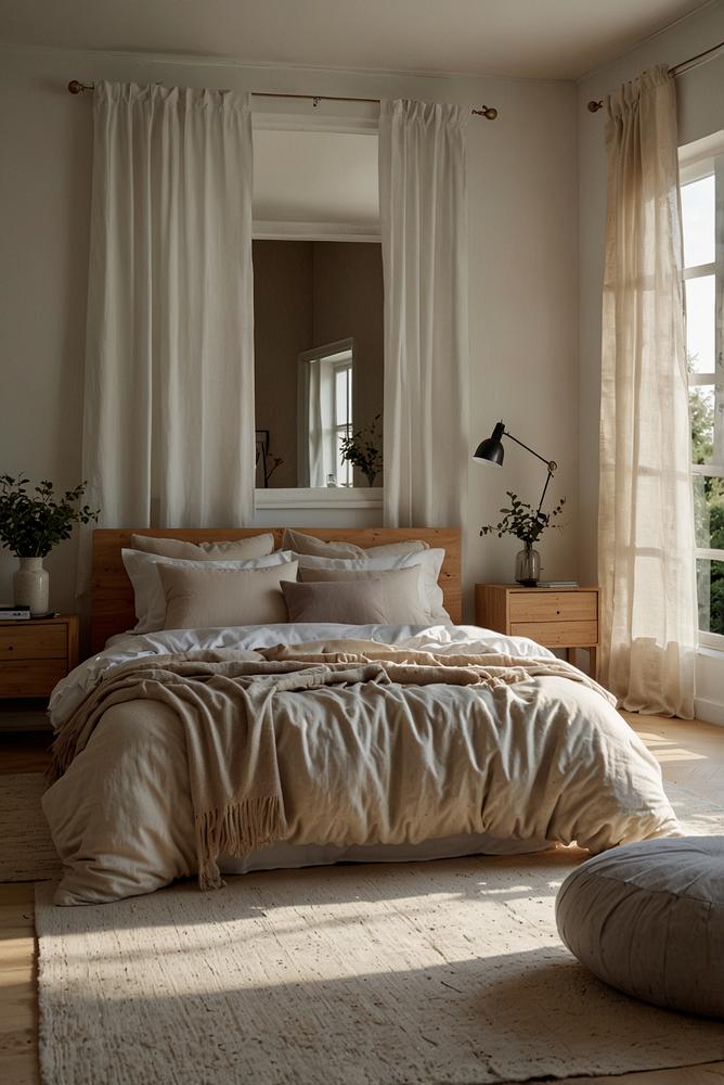 Hell und luftig eingerichtetes skandinavisches Schlafzimmer mit Leinenbettwaesche