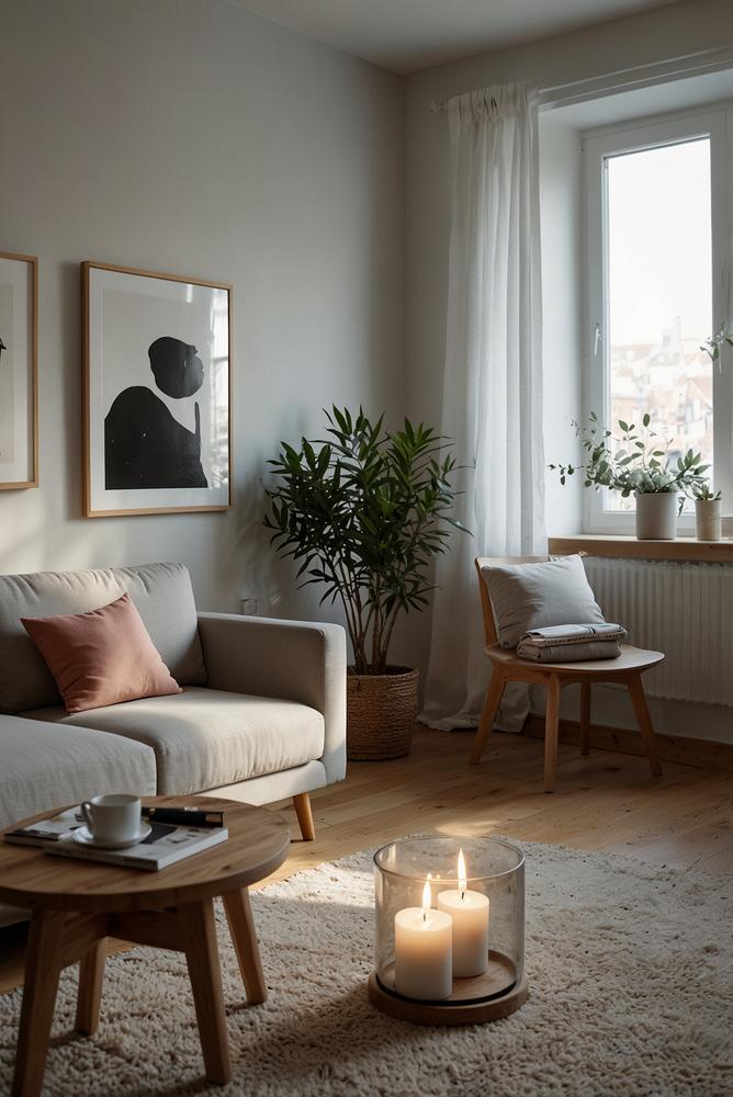 Helles Wohnzimmer mit skandinavischen Minimalmöbeln