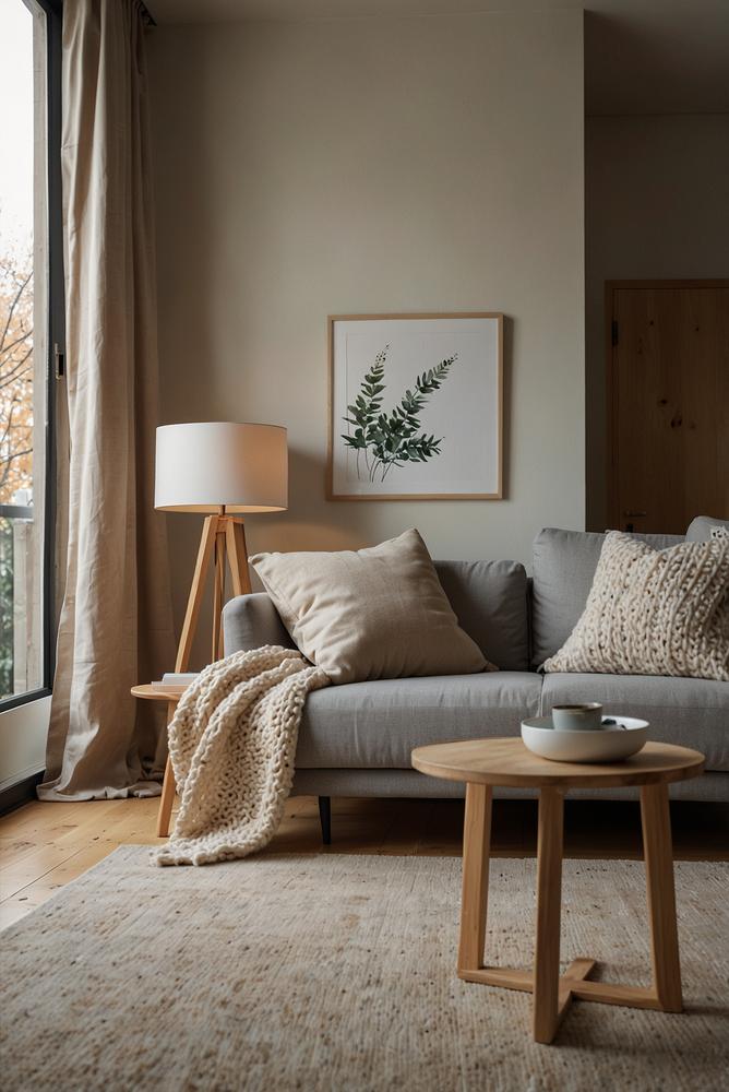 Skandinavisches Wohnzimmer mit hellen Holzmöbeln und klaren Linien