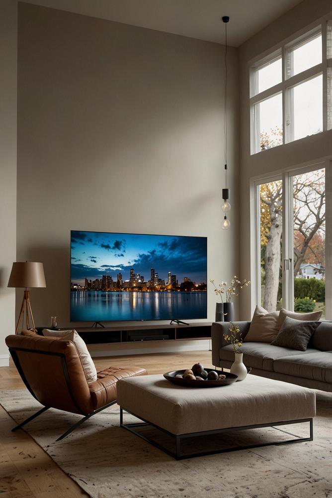 Hell und modern eingerichtetes Wohnzimmer mit Smart-Home-Technologie