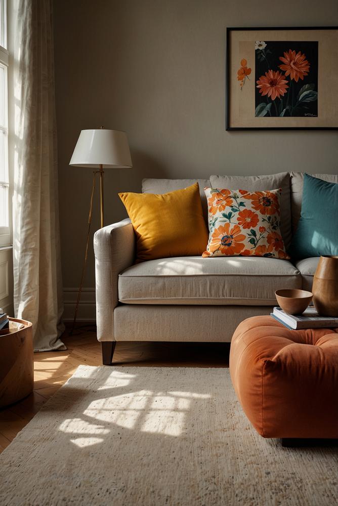 Sofa mit weichen Kissen in verschiedenen Texturen und Mustern