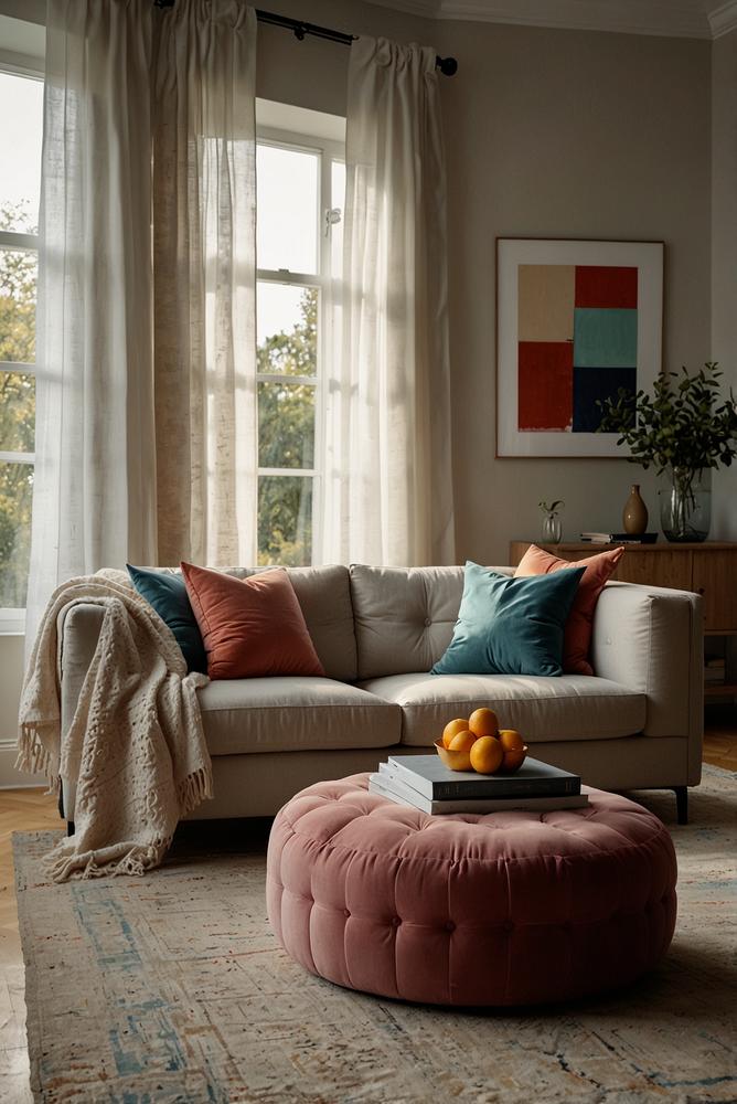 Modernes sofa mit bunten kissen und plaids im lichtdurchfluteten raum