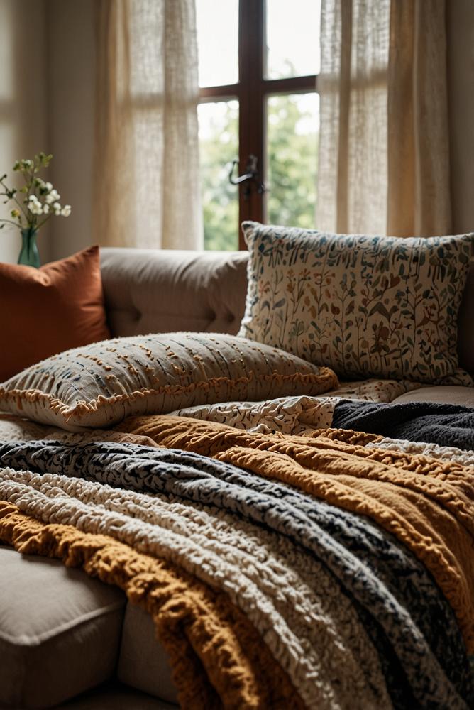 Gemütliches Sofa mit Decken und Kissen hell und einladend