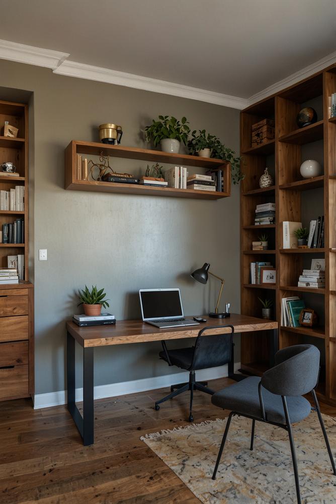 Helles Home-Office mit Spiegel und integriertem Regal