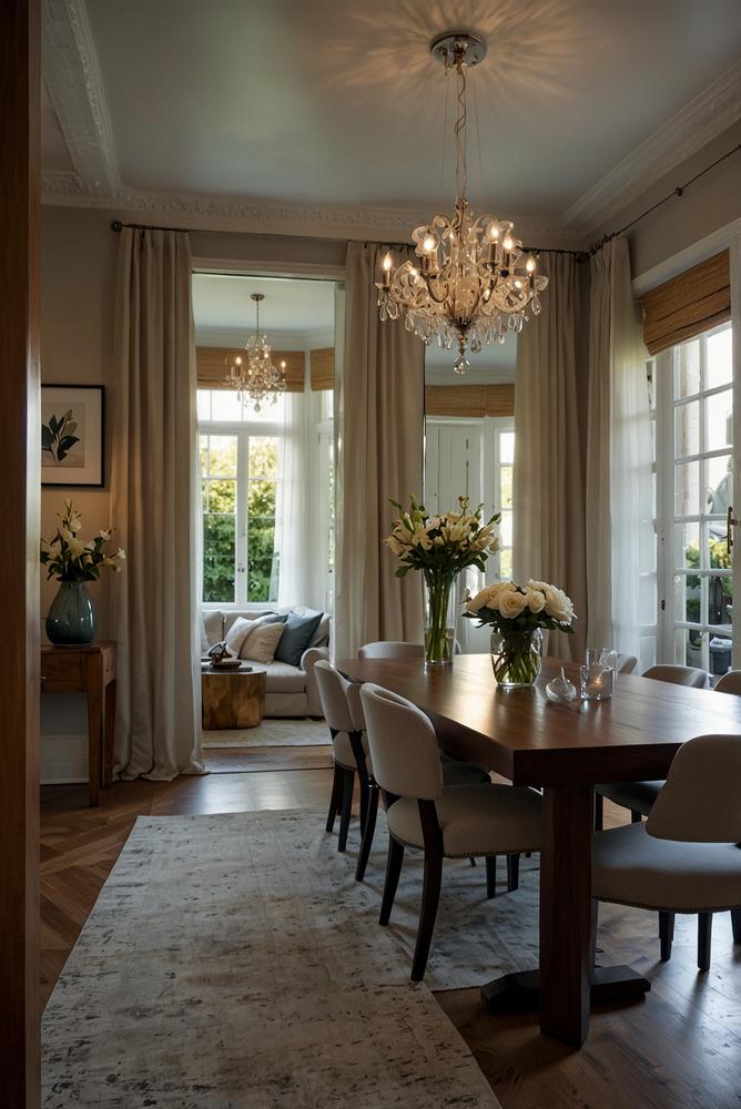 Helles Esszimmer mit Spiegelwand für mehr Raum und Licht